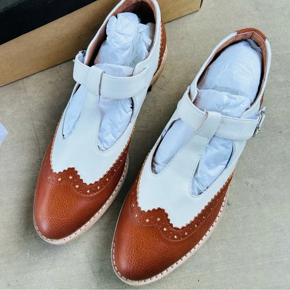 Anthropologie Wingtip Brown White Leather Mary Janes All Black Belted Wings NWT - Picture 6 of 16